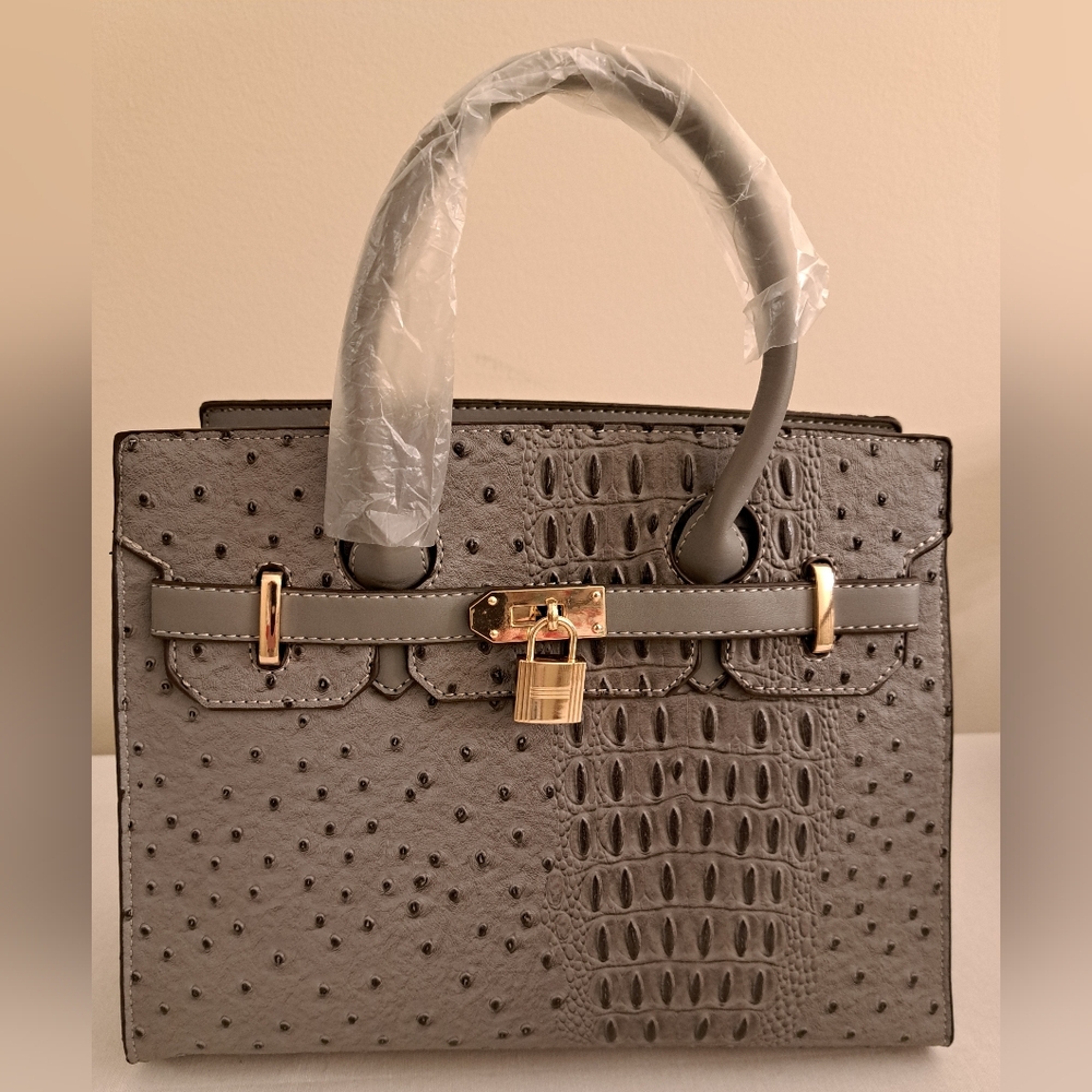 Croc/Ostrich Embossed Gray Tote W/Gold Lock & Hardware, Shoulder Strap Included!
